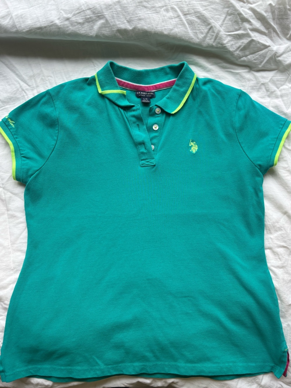 U.S. Polo Assn. Teal Green Neon Trim Short Sleeve Polo Shirt Size L
